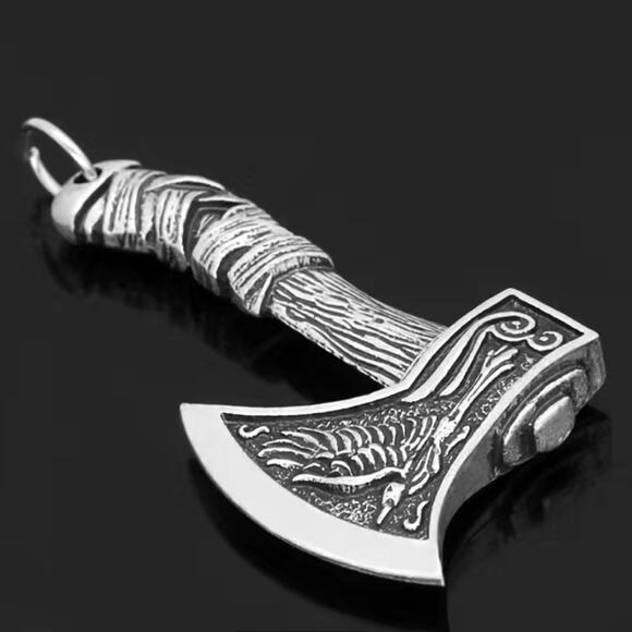 Viking Nordic Wolf Bird Ax Pendant 2 Sided Celtic Ragnar with Chain - Picture 4 of 6